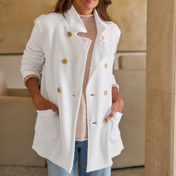 Frank & Eileen Belfast Triple Fleece Sweatshirt Peacoat White Jacket - Picture 1 of 17